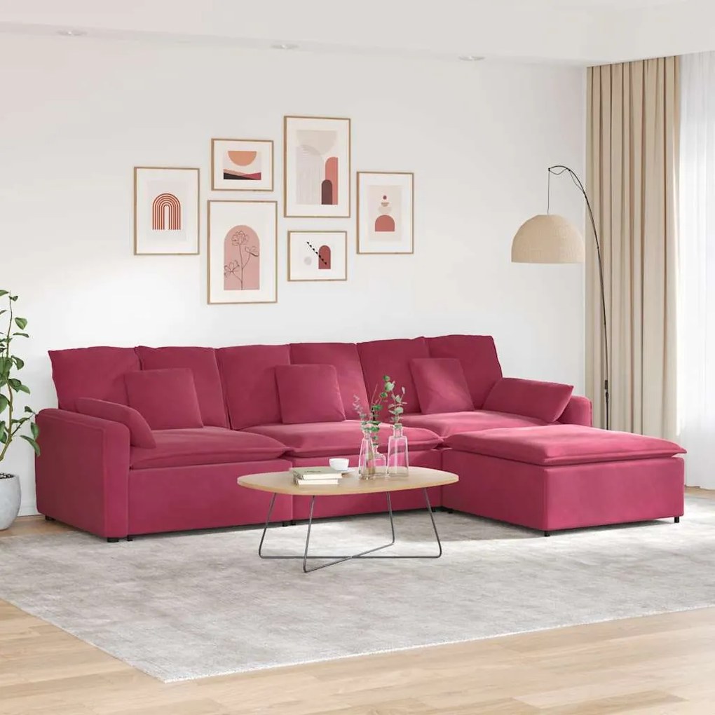 vidaXL Sofá modular com pufes e almofadas vermelho tinto
