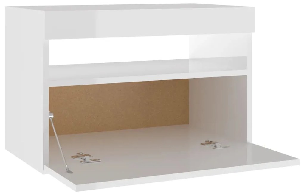 Mesa de cabeceira &amp; luzes LED 60x35x40 cm branco brilhante