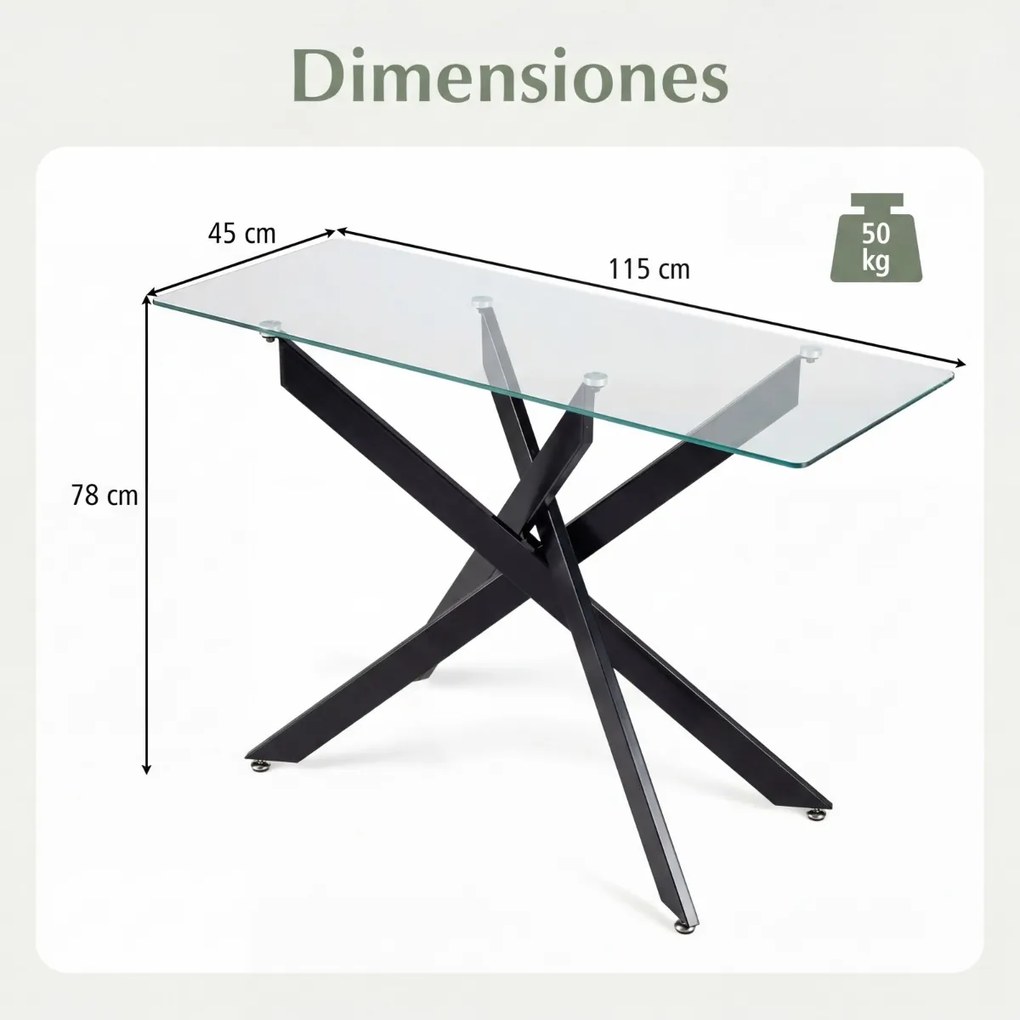 Mesa Consola 115 x 45 x 78 cm com Tampo Temperado e Pernas de Metal para Sala, hall Entrada Preta