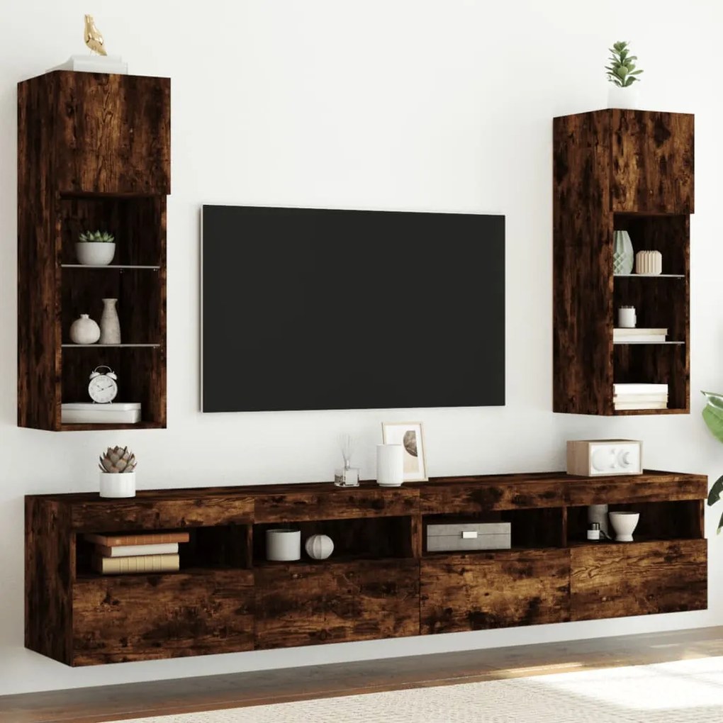 vidaXL Móveis de TV c/ luzes LED 2 pcs 30,5x30x90 cm carvalho fumado
