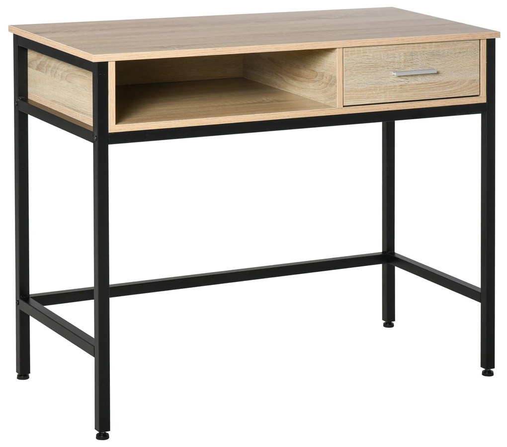 HOMCOM Mesa de Escritório com Armazenamento Mesa de Computador Gaveta Estrutura de Metal Preto Tampo de Madeira Carvalho Claro | Aosom Portugal