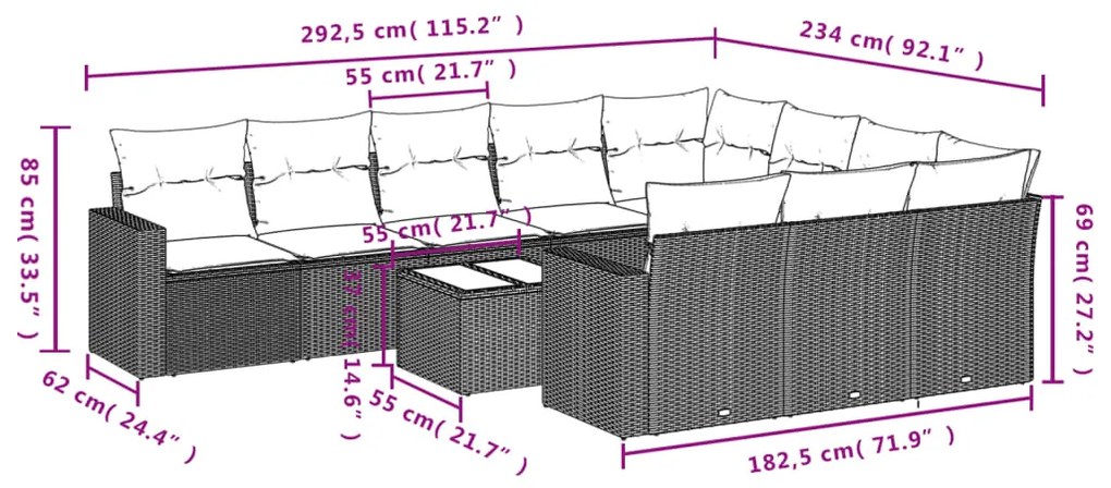 11 pcs conjunto sofás de jardim c/ almofadões vime PE preto