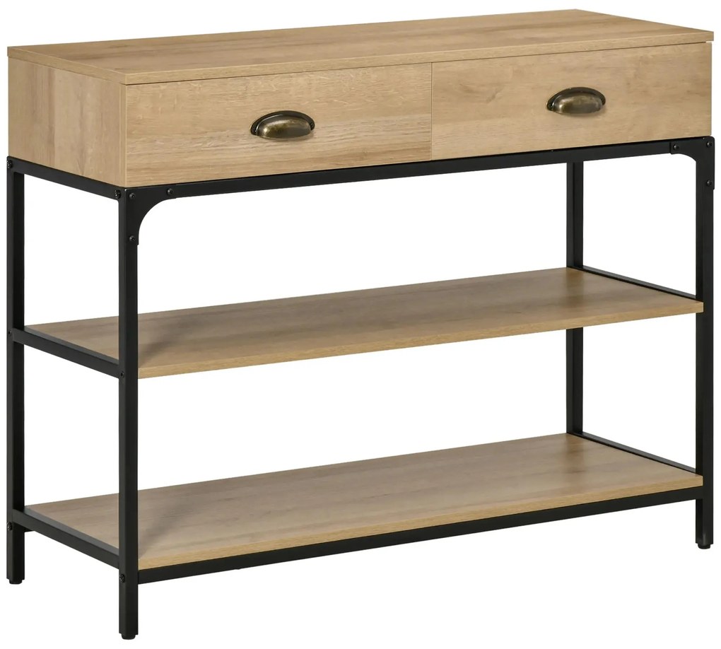 HOMCOM Mesa Consola Mesa de Entrada Estreita com 2 Gavetas e 2 Prateleiras de Armazenamento Estrutura de Aço para Corredor Entrada Sala de Estar 100x35x79,5cm Carvalho e Preto