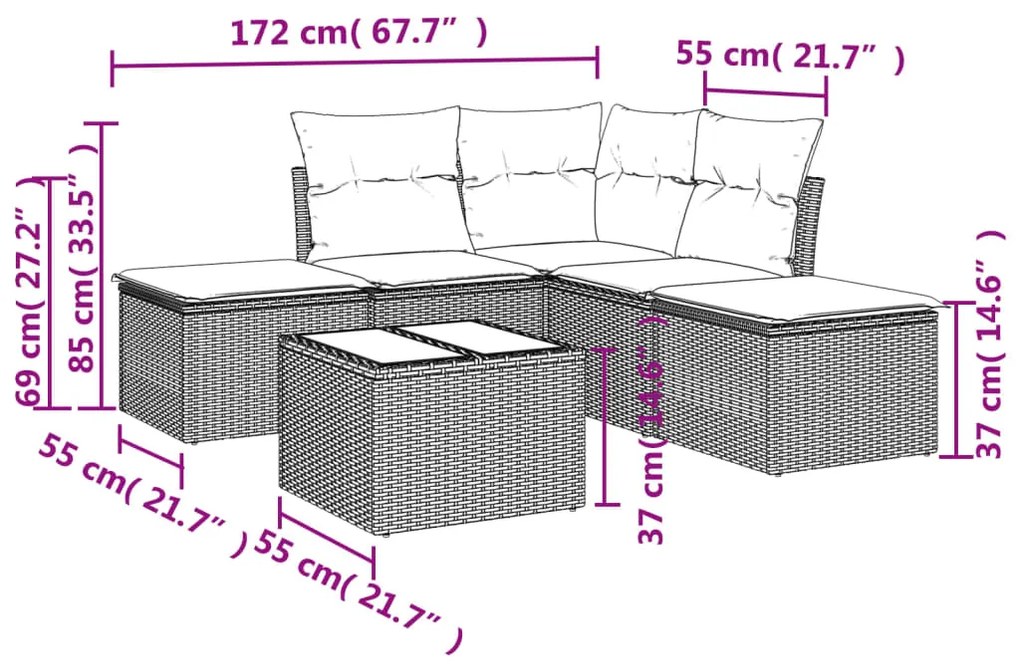 6 pcs conjunto de sofás jardim c/ almofadões vime PE castanho