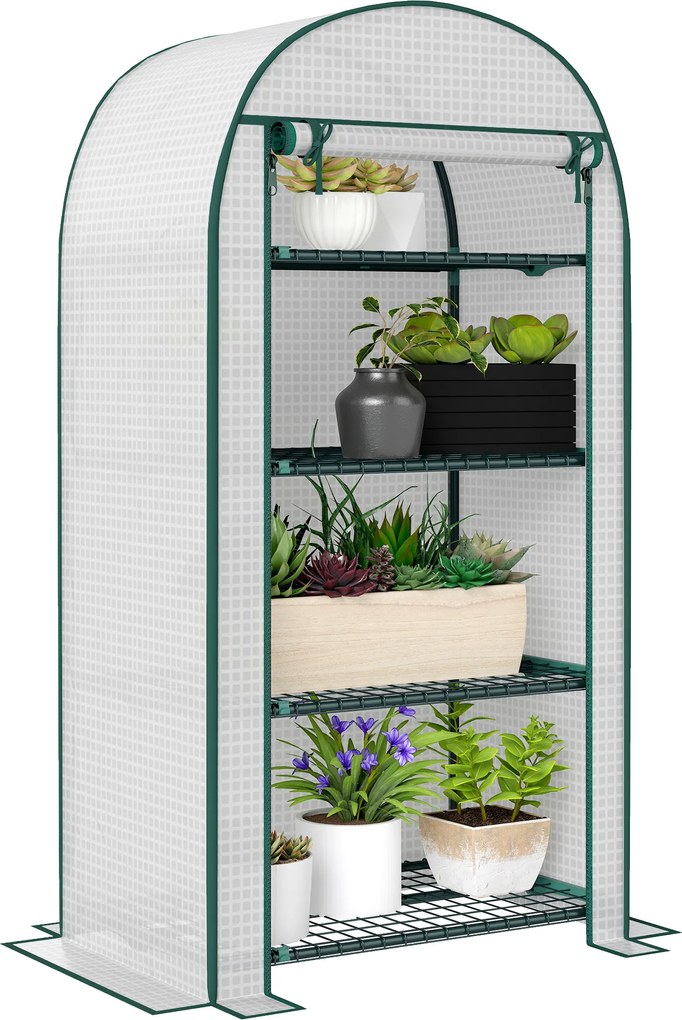 Estufa de jardim 80 x 50 x 160 cm e de varanda resistente aos raios UV, com porta enrolável, 4 prateleiras e cobertura em PE,, branca