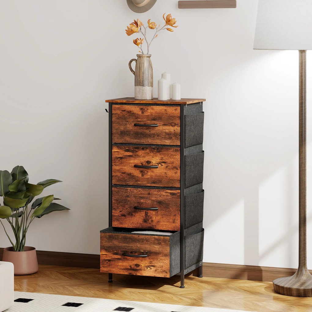 Cómoda de Quarto, 45 x 30 x 94,5 cm, 4 Gavetas em Tecido, Castanho Rústico