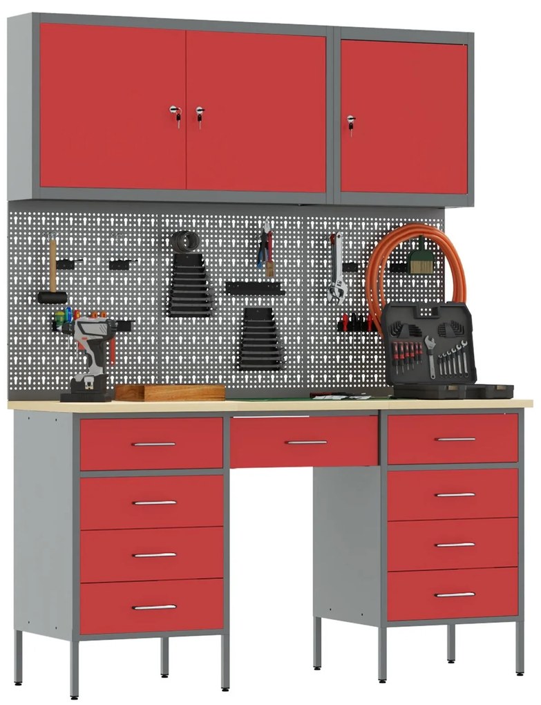 Conjunto de Armário e Painel de Ferramentas de 8 Peças vidaXL Vermelho
