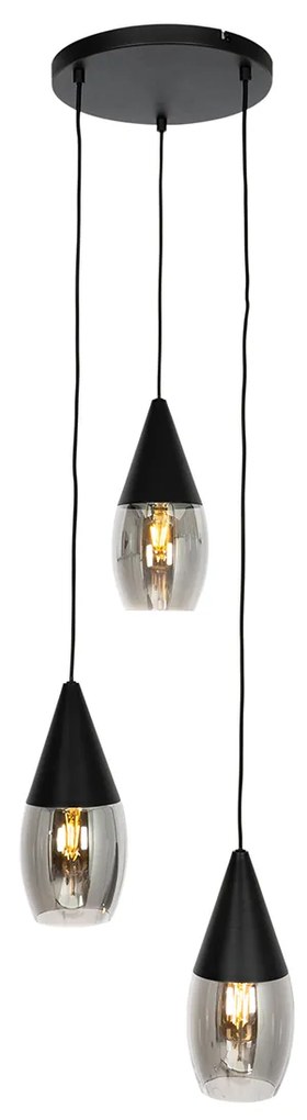 Candeeiro de suspensão moderno preto com vidro fumê 3 luzes - Drop Moderno