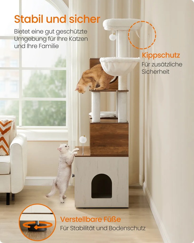 Arranhador para gatos com armário para caixa de areia, 100 x 61 x 178 cm, castanho-mel e branco vintage