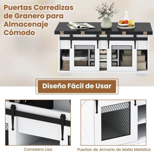 Mesa de centro 105 x 54 x 48,5 cm com tampo elevável estilo rústico, 2 portas deslizantes, 3 compartimentos ocultos, sala de estar, painel branco Pret