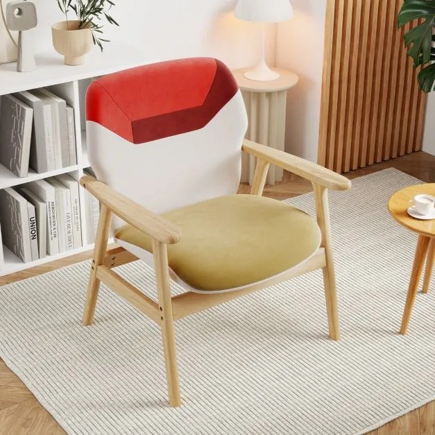 Poltrona moderna estofada com braços laterais, encosto espaçoso, almofada acolchoada com espuma, madeira e borracha; ideal para sala de estar, escritó