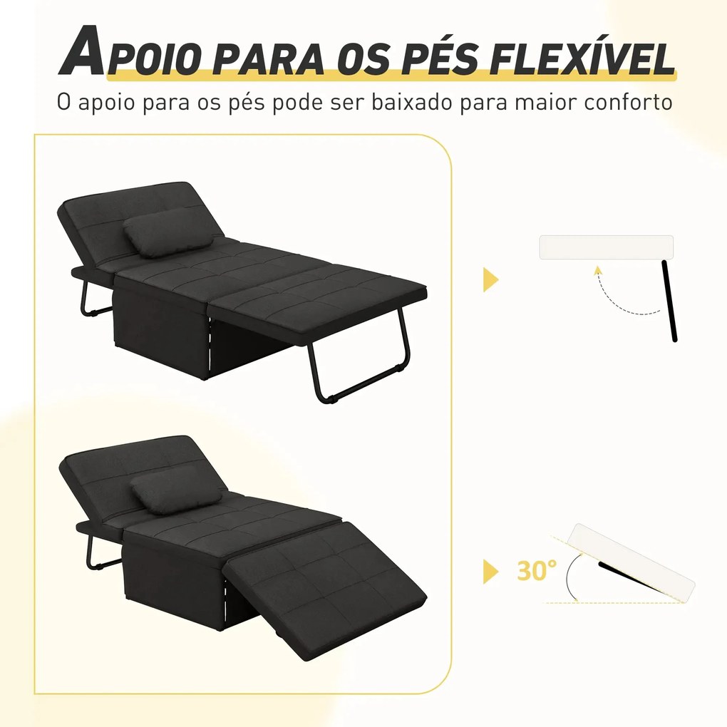 Sofá-Cama "Açores" 3 em 1 - Preto - 95x179x78 cm - Linho e Metal - Des