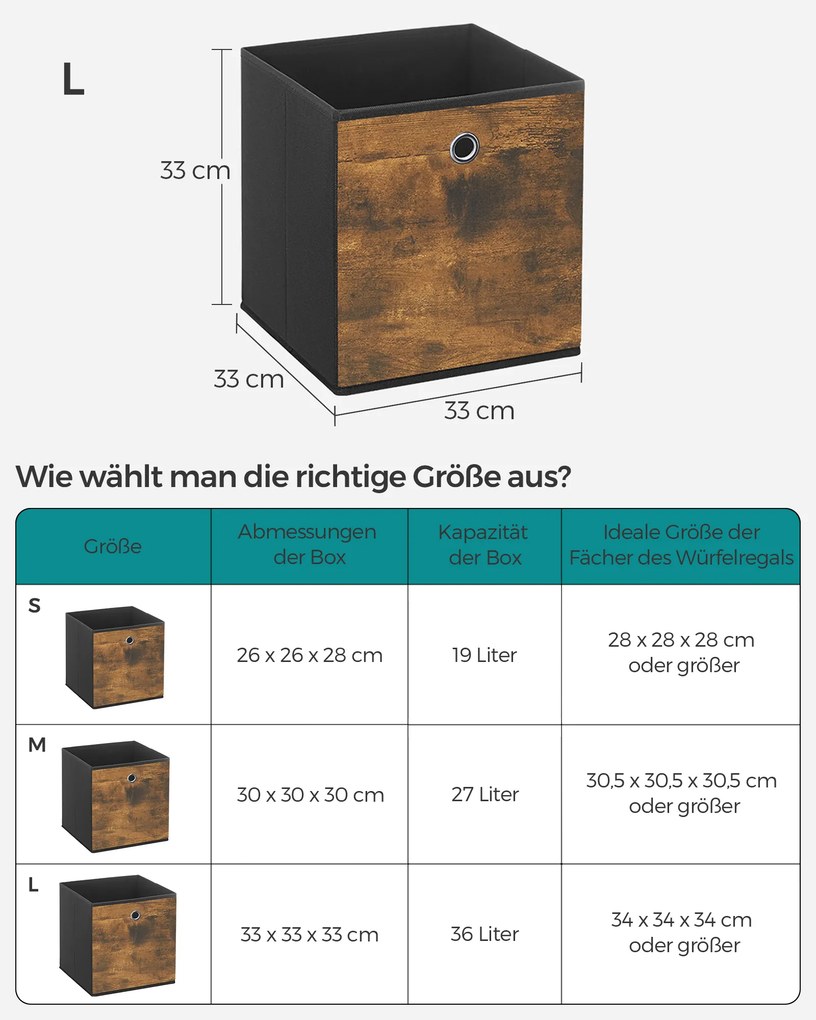 Conjunto de 6 caixas de arrumação 33 x 33 x 33 cm castanho vintage-preto