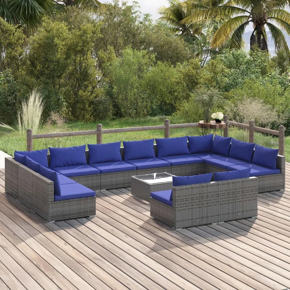 vidaXL 13 pcs conjunto lounge de jardim c/ almofadões vime PE cinzento