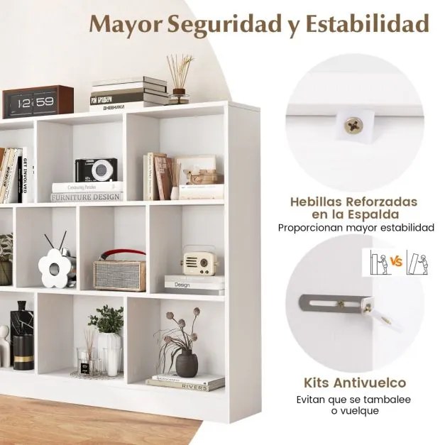 Estante de 10 cubos com 3 níveis de arrumação para sala de estar e quarto 120 x 24 x 104 cm Branco