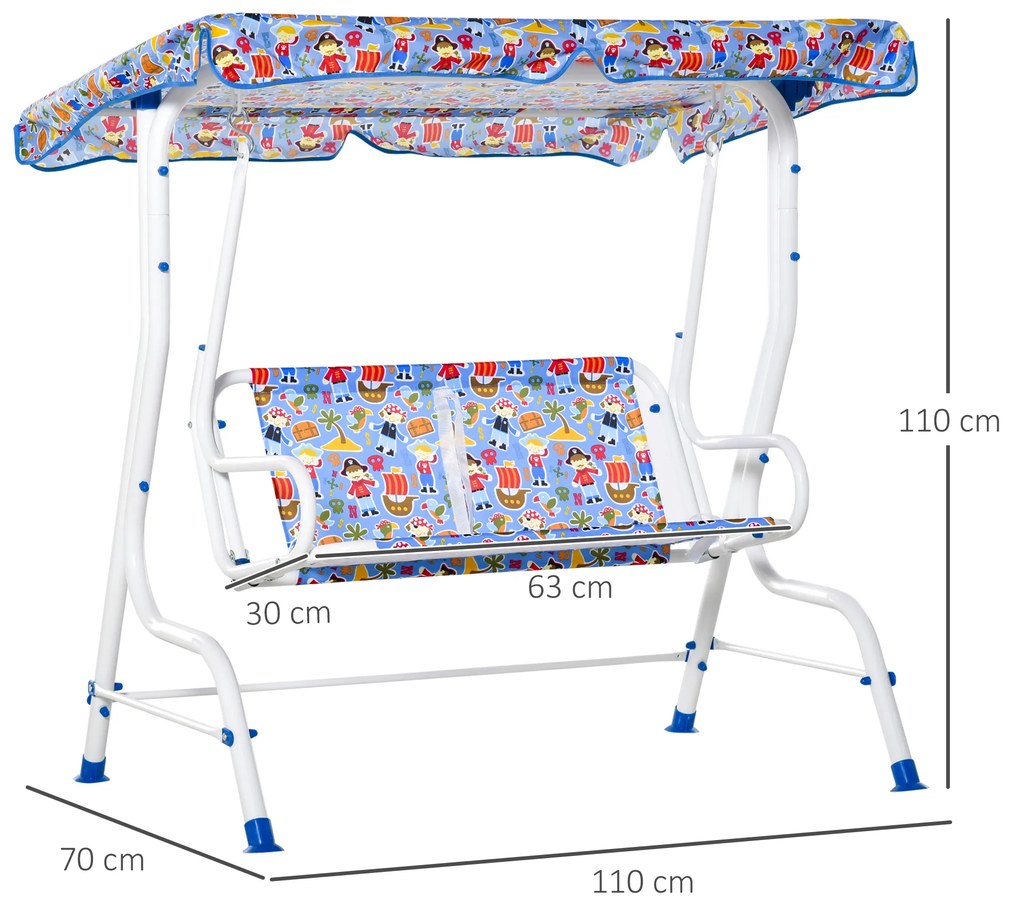 Baloiço de jardim infantil acima de 3 anos de 2 lugares com toldo ajustável em ângulo e cintos de segurança ao ar livre 110x70x110 cm azul