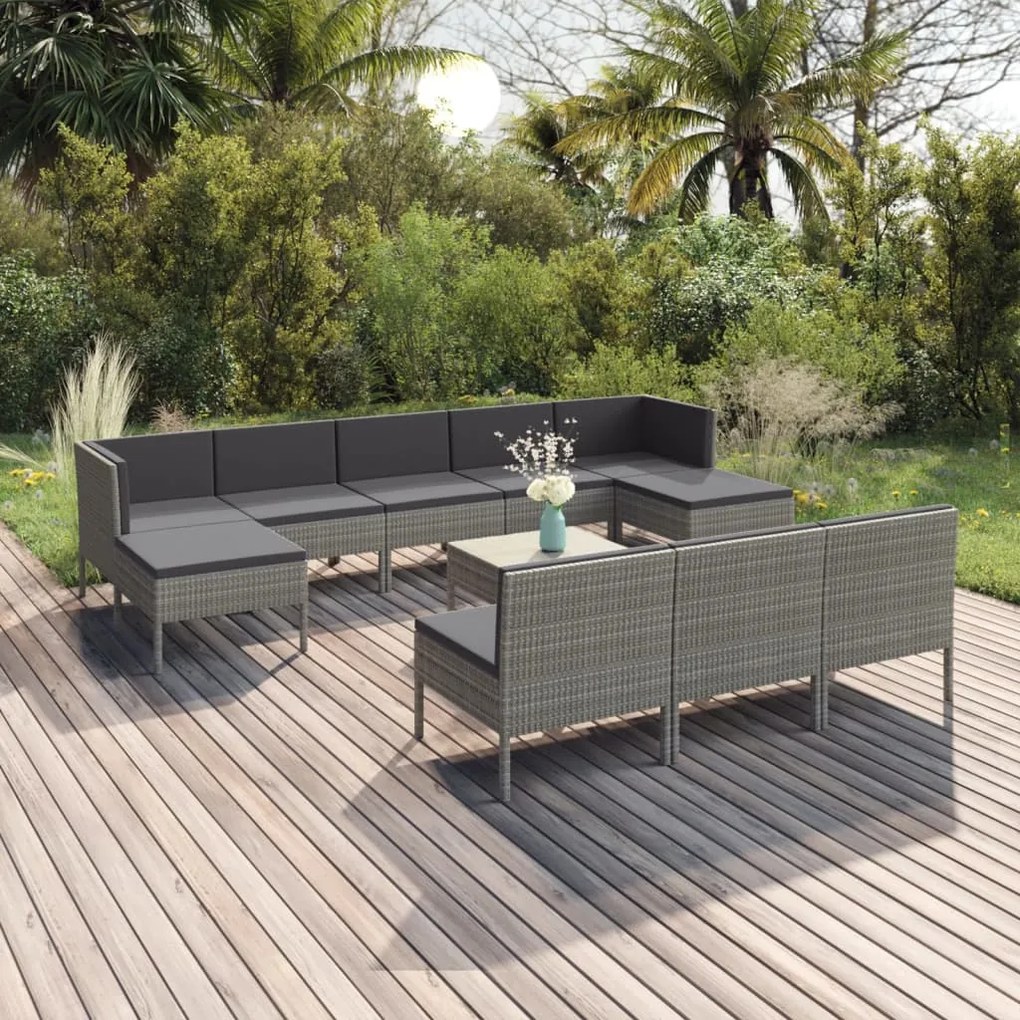 vidaXL 11 pcs conjunto lounge de jardim c/ almofadões vime PE cinzento