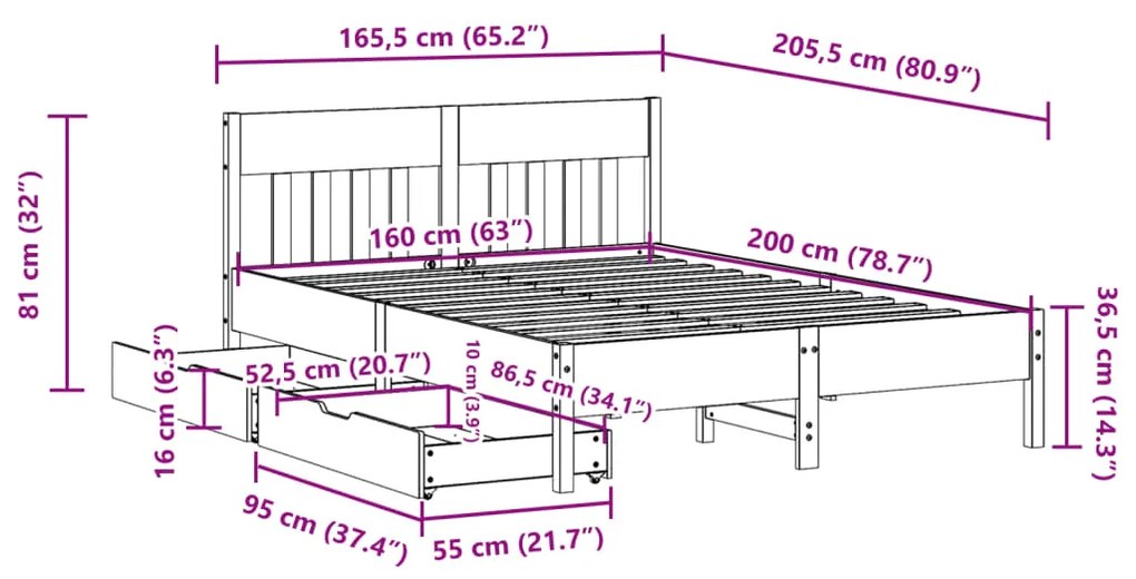 Cama sem colchão 160x200 cm madeira de pinho maciça