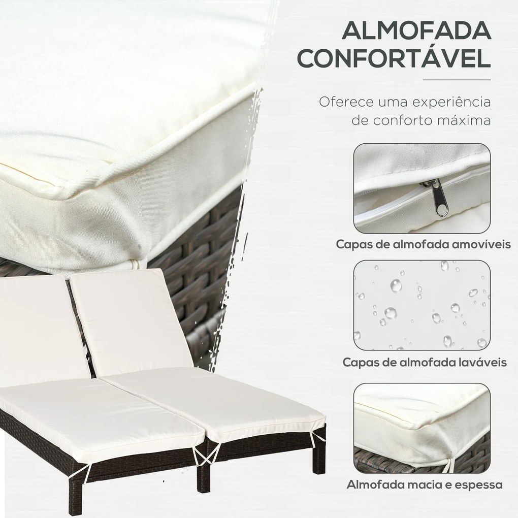 Outsunny Conjunto de Espreguiçadeiras Exterior de Vime 2 Lugares com Almofadas Acolchoadas Resistente à Água com Encosto Ajustável em 5 Níveis Suporta 220kg 195x120x28cm Marrom e Branco Creme