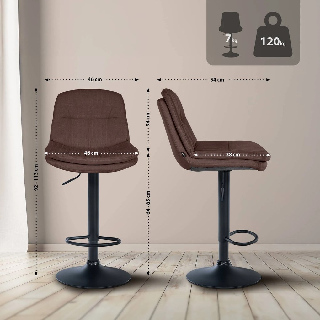 Banco de bar em tecido com estrutura preta 92-113 x 46 x 54 cm castanho