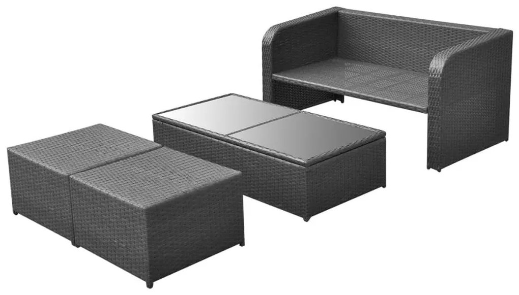 4 pcs conjunto lounge de jardim c/ almofadões vime PE preto