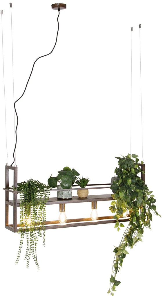 Candeeiro de suspensão industrial cor ferrugem com prateleira 4 luzes - Cage Rack Industrial