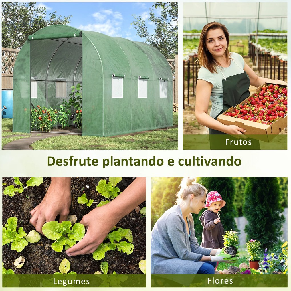 Outsunny Estufa de Túnel 3x2x3m Estufa de Jardim Exterior com Portas Enroláveis e 6 Janelas Polietileno e Metal Galvanizado para Cultivos Plantas Flores Verde