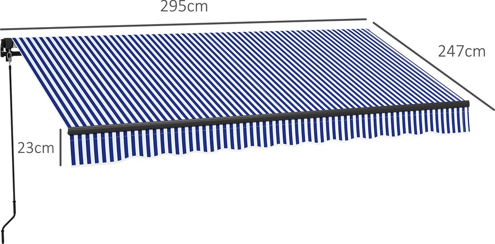Toldo manual retrátil para varanda 295 L x 247 L cm, com inclinação ajustável, manivela, estrutura em alumínio e tecido de poliéster azul e branco