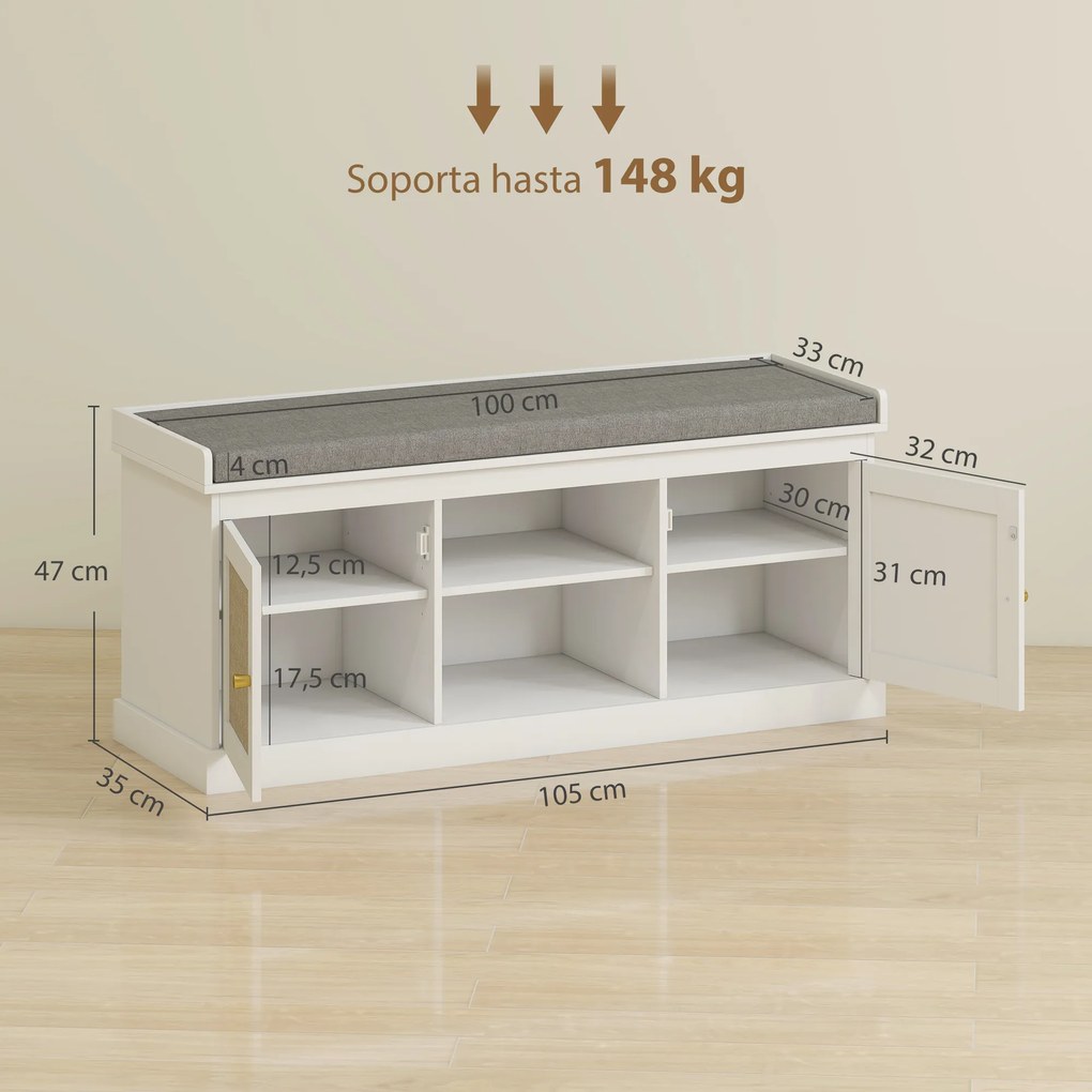 Banco Sapateira com Assento Acolchoado Portas em Vime e Prateleira Aberta para 9 Pares de Sapatos 105x35x47 cm Branco