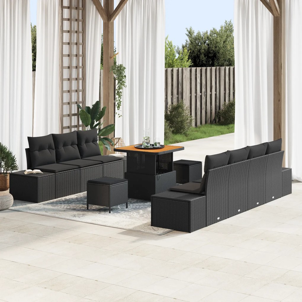 Conjunto de Sofá de Jardim de 10 Peças com Almofadas Poly Rattan Preto