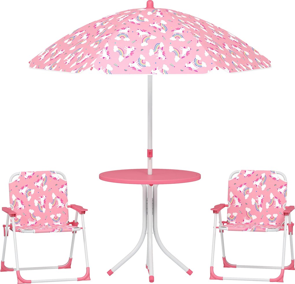 AIYAPLAY Conjunto Infantil de Mesa e Cadeiras de Jardim de 4 Peças Cadeiras Dobráveis Chapéu de Sol Desmontável Design Unicórnios Rosa | Aosom Portugal