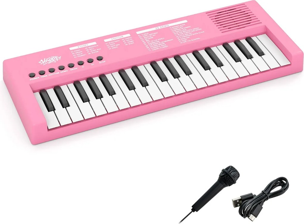 Teclado de piano para crianças elétrico portátil de 37 teclas com 8 ritmos, 8 tons e 22 demos Instrumento musical eletrónico rosa