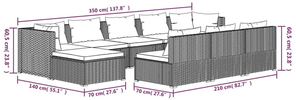 10 pcs conjunto lounge de jardim c/ almofadões vime PE preto