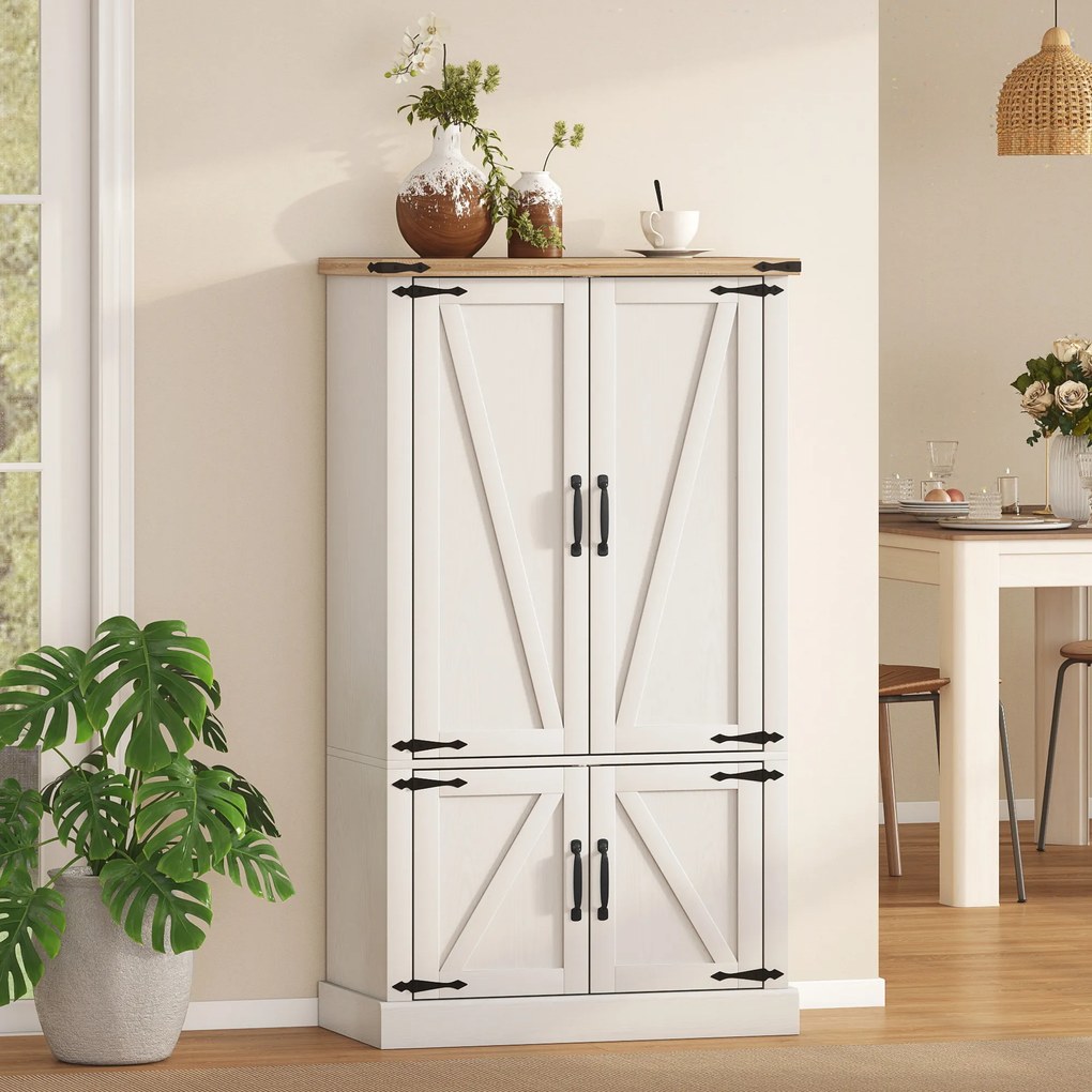 Armário de cozinha com 4 portas 76,3 x 40 x 136 cm, 6 suportes para especiarias e prateleiras ajustáveis, branco