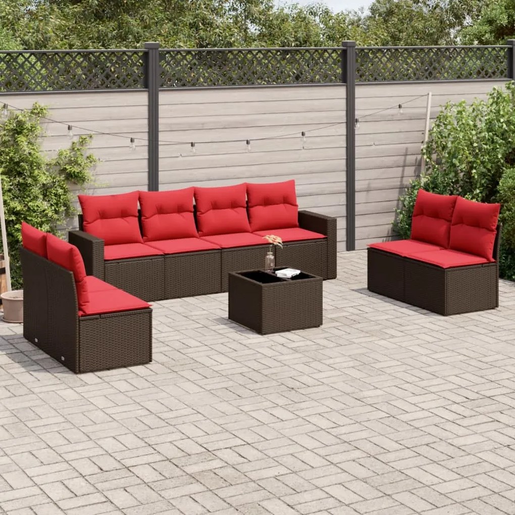 vidaXL 9 pcs conjunto sofás p/ jardim c/ almofadões vime PE castanho