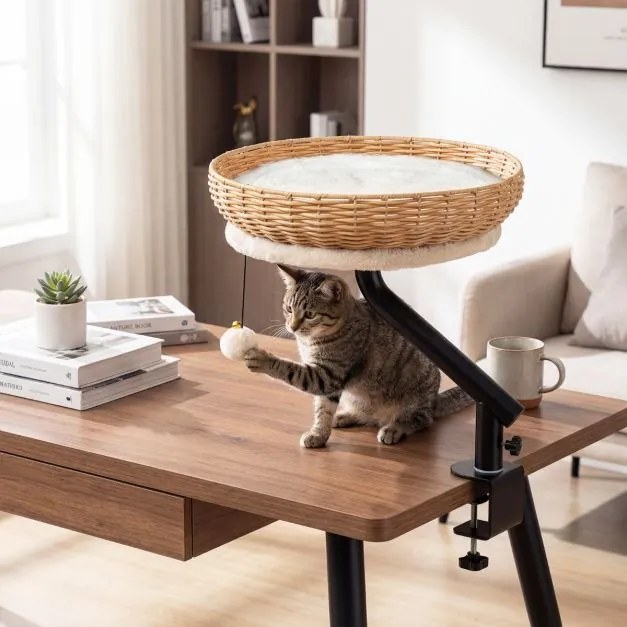 Cama-rede para gatos giratória de 360° para gatos 40,5 x 49,5 cm, em rattan, com almofada removível e bola suspensa, para secretária, escritório ou ca