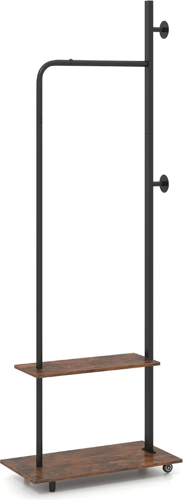 Cabide de pé com rodas universais 60 × 30 × 175 cm, barra para pendurar, ganchos laterais, prateleiras de arrumação e estrutura metálica em Castanho R
