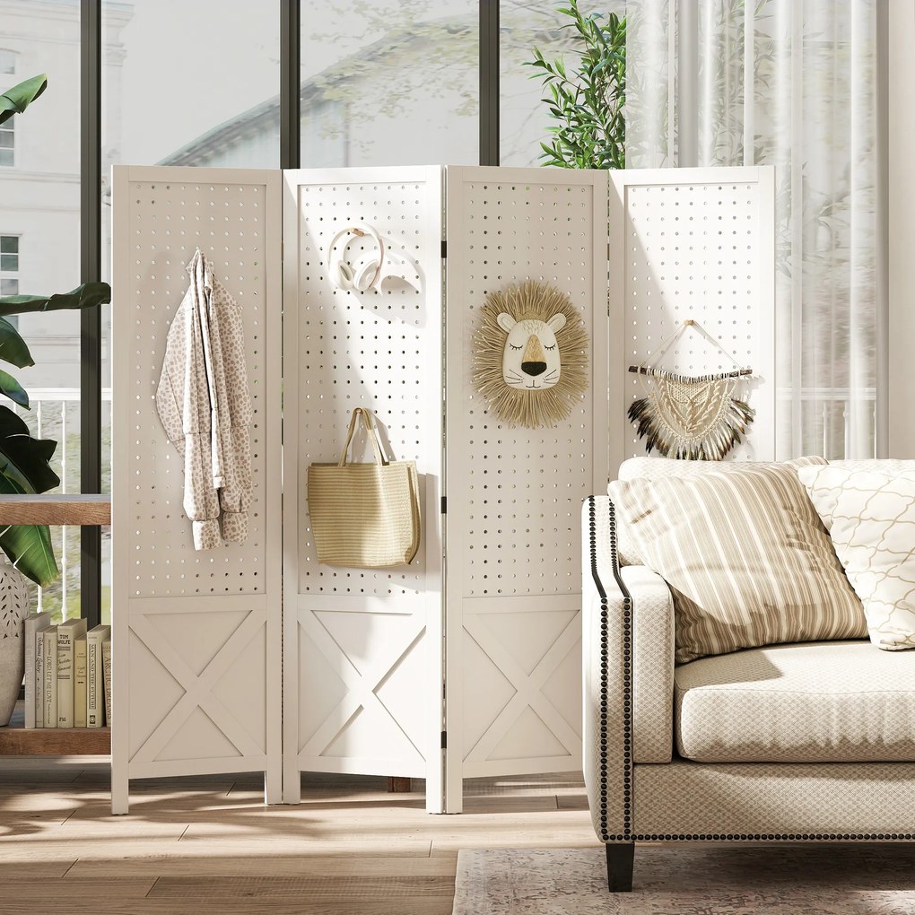 Biombo de interior em madeira, com 4 painéis, divisória dobrável, painel perfurado, 152 x 1,7 x 144,5 cm, branco