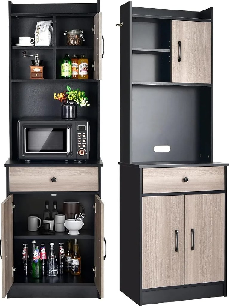 Armário de cozinha alto 60 x 40 x 180 cm, com 2 portas e gaveta, prateleiras ajustáveis e orifício para cabos, espaço para micro-ondas, Preto e castan