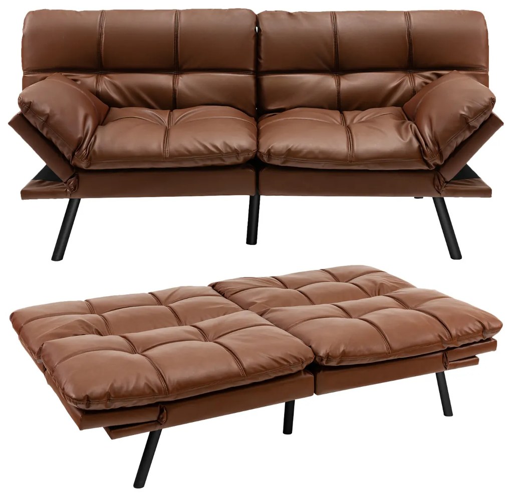 Sofá-cama dobrável de 3 lugares 182 x 87 x 82 cm PU Futon conversível de espuma viscoelástica com encosto e apoios de braços ajustáveis Castanho