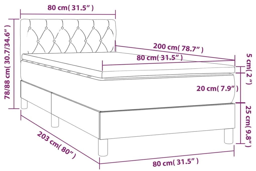 Cama box spring c/ colchão/LED 80x200 cm veludo cinzento-claro