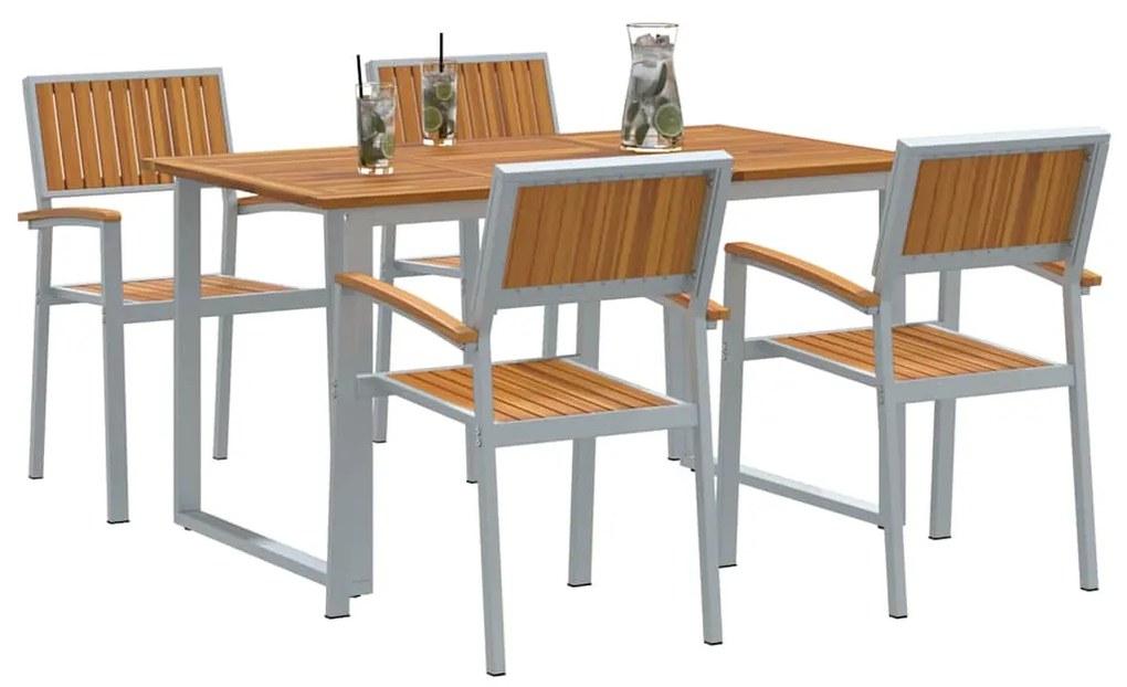 Conjunto de Jantar de Jardim 5 Peças Cinza Aço e Madeira Sólida de Acá