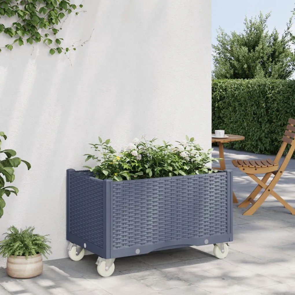 vidaXL Vaso/floreira de jardim com rodas 80x50x54 cm PP cinzento azul