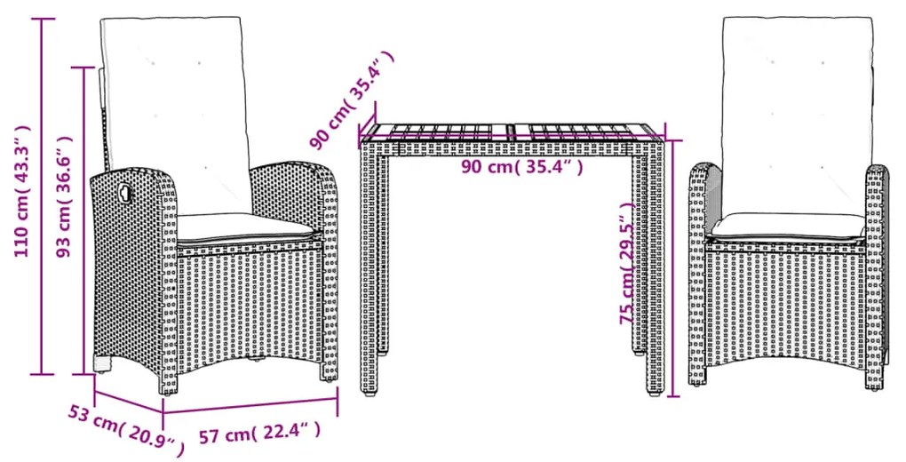 3 pcs conjunto de jantar p/ jardim c/ almofadões vime PE cinza