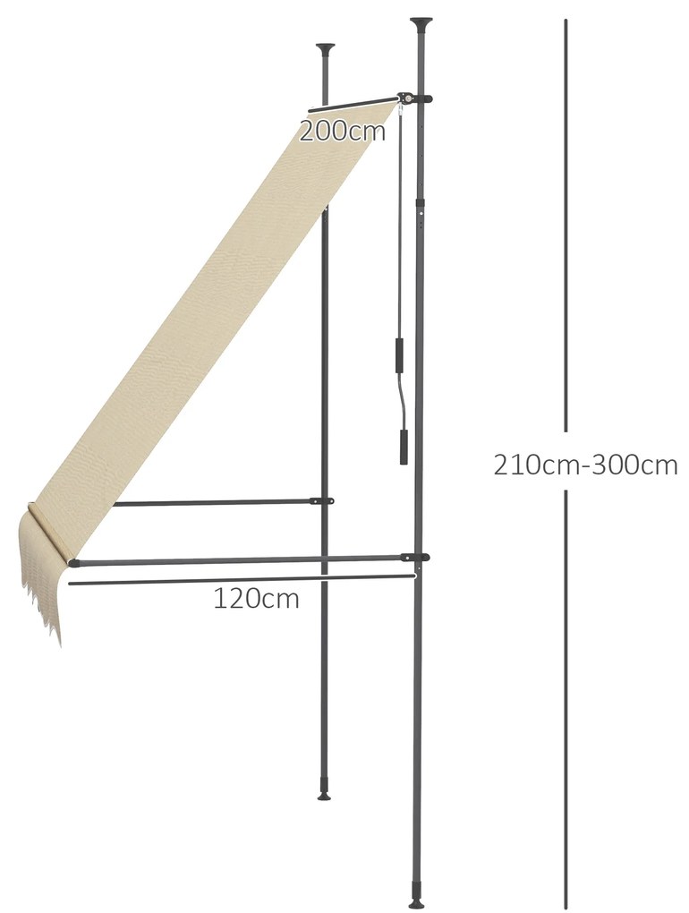 Toldo Manual Retrátil com Manivela 200x120x210-300 cm com Altura Ajustável Impermeável para Jardim Varanda Bege