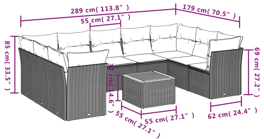 10 pcs conjunto sofás de jardim c/ almofadões vime PE preto