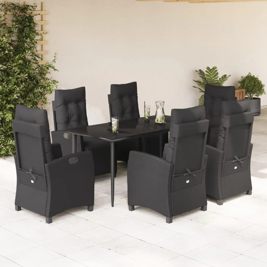 7 pcs conjunto de jantar p/ jardim c/ almofadões vime PE preto