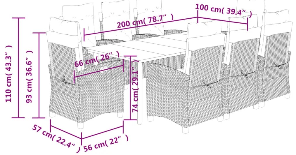 9 pcs conjunto de jantar p/ jardim com almofadões vime PE bege