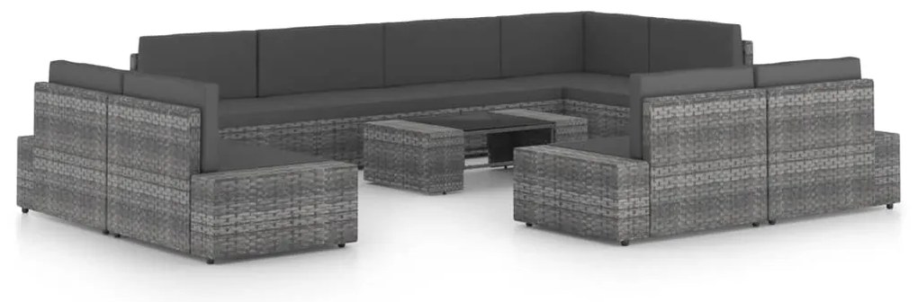 10 pcs conjunto lounge de jardim c/ almofadões vime PE cinzento