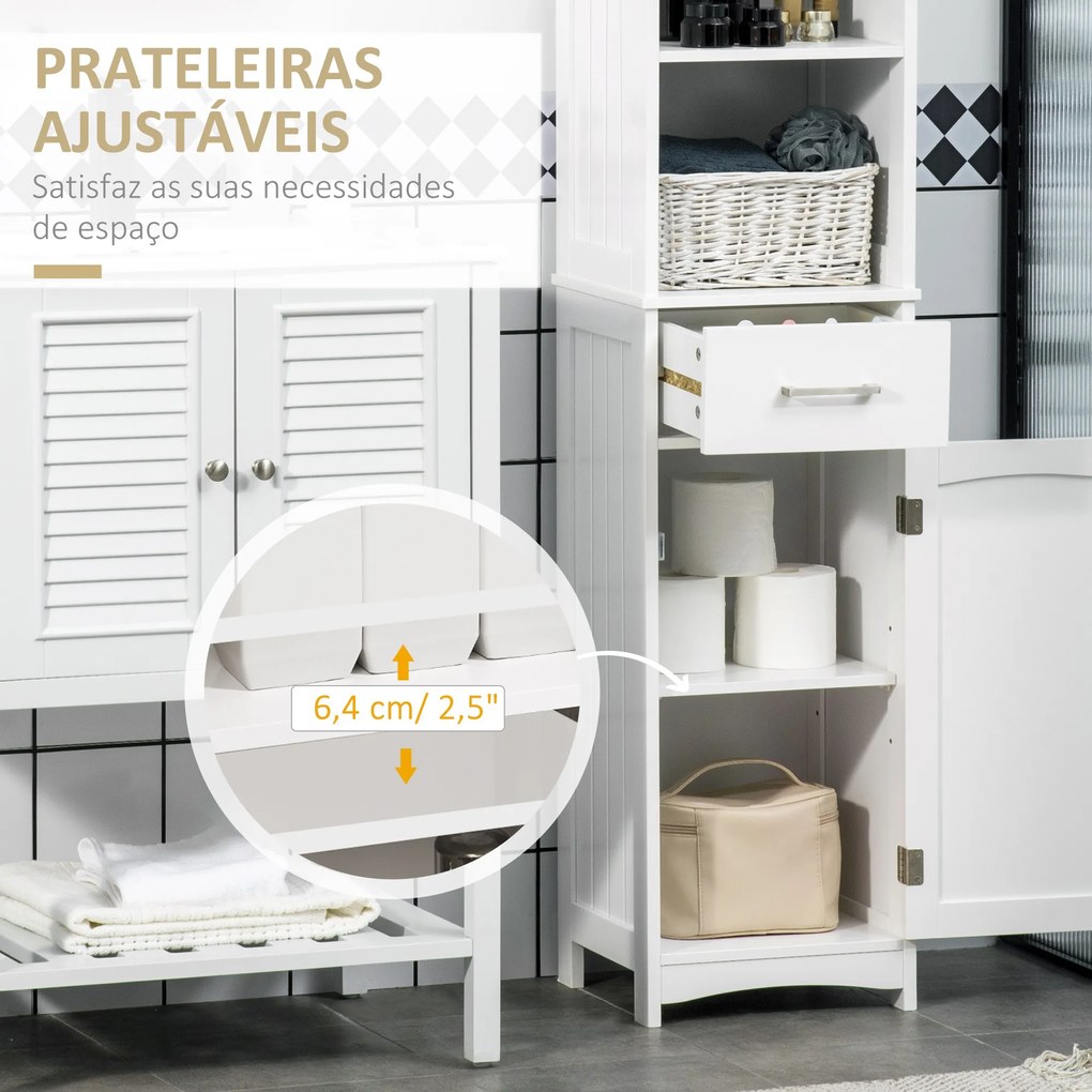 Coluna para Casa de Banho com 1 Gaveta 1 Porta 3 Prateleiras Abertas e Prateleira Interior Ajustável Móvel Auxiliar de Armazenamento para Sala de Esta